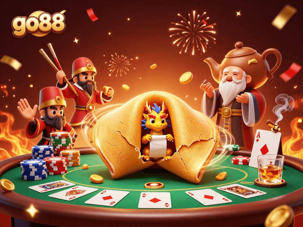 Engage with go88's casino excitement through a vibrant 3D illustration showcasing dynamic poker elements.
