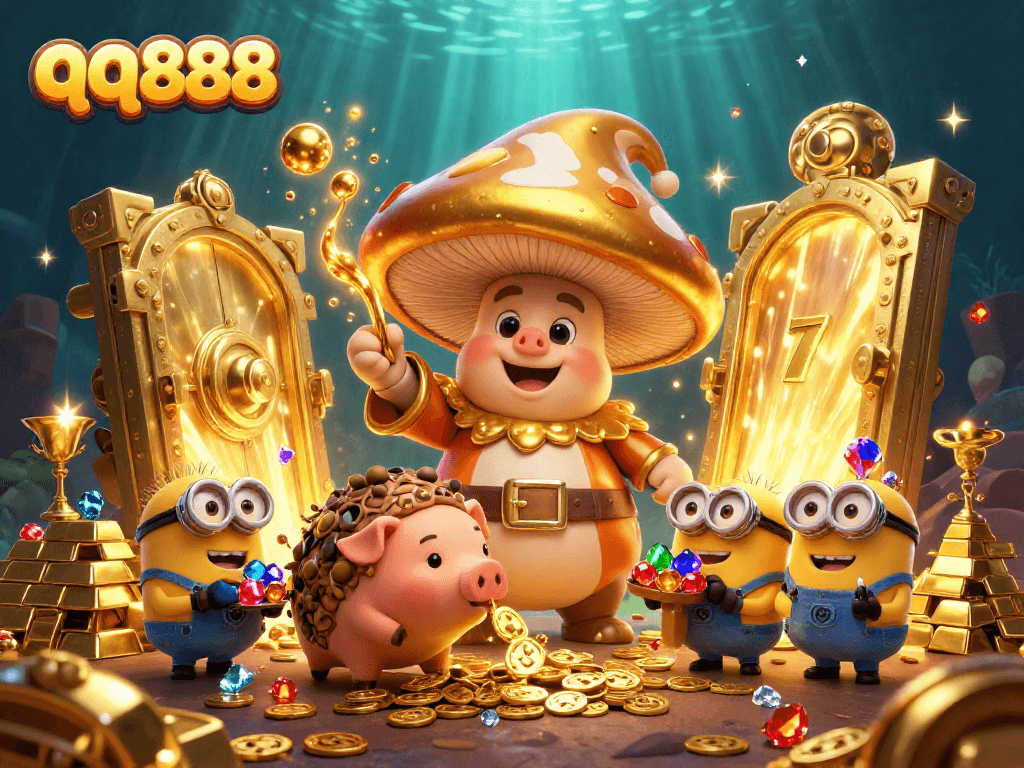Engage with the enchanting world of qq888, showcasing a golden mushroom wizard and treasure-filled slot reels.