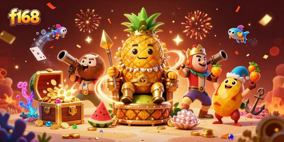 Win big at f168 with a vibrant casino scene featuring a pineapple king and lively characters surrounded by treasures.