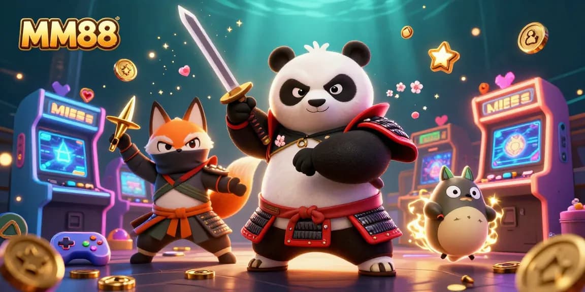 Join the excitement at MM88 with a dynamic scene of vibrant gaming action featuring engaging characters.