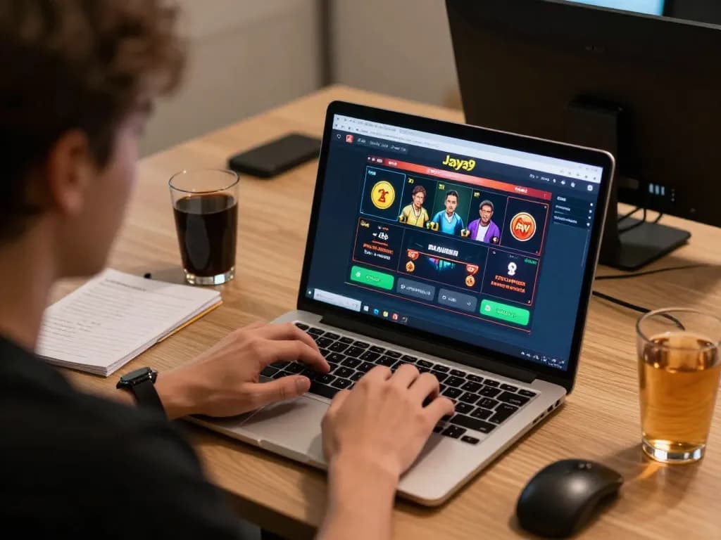 Engaged player using Jaya9 casino interface on laptop, highlighting online gambling experience.