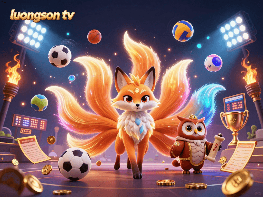 Engage with luongson tv as the nine-tailed fox spirit glows while sports balls and betting slips surround an enchanting atmosphere.