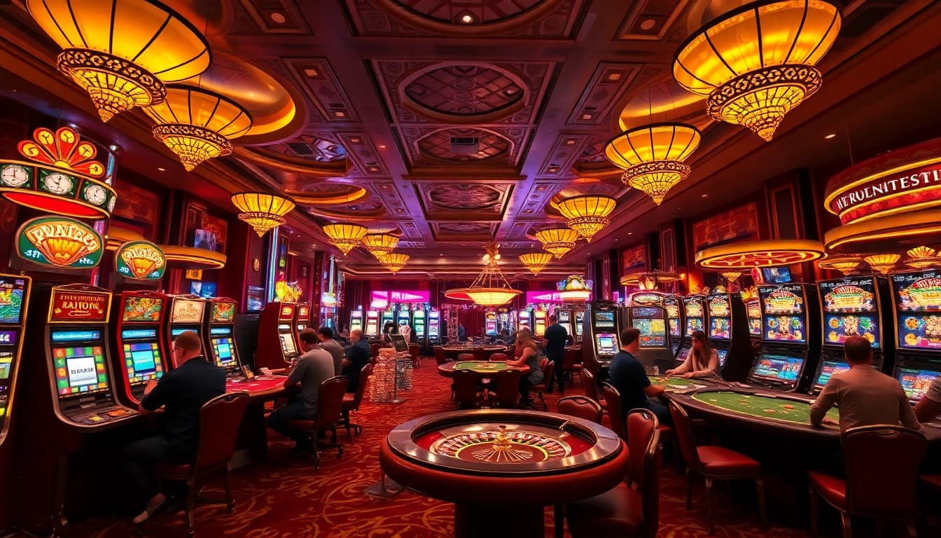 Experience the thrill of winning at the vibrant casino floor of https://f1686s.com/ showcasing tables and slot machines.