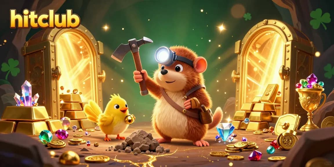 Join hitclub for thrilling mining adventure with treasure hunter and canary in a casino-like cave.