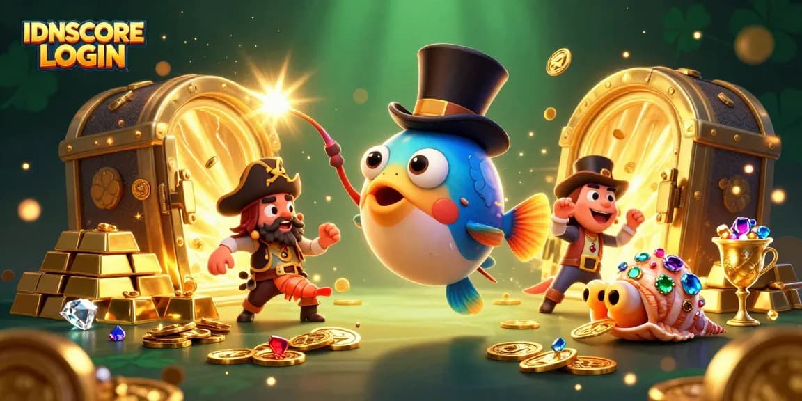 Experience the thrill of IDNSCORE LOGIN while winning treasures in this vibrant 3D casino illustration.