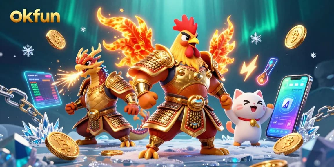 Engage with okfun's vibrant 3D illustration showcasing a dynamic rooster warrior among crypto elements and casino excitement.