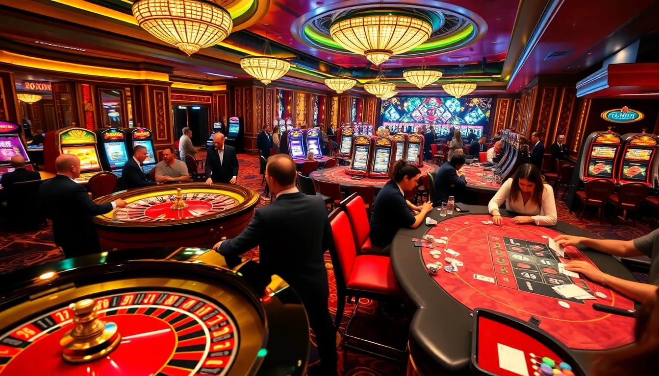 Exciting casino scene showcasing 32WIN with players at a roulette table and vibrant slot machines.