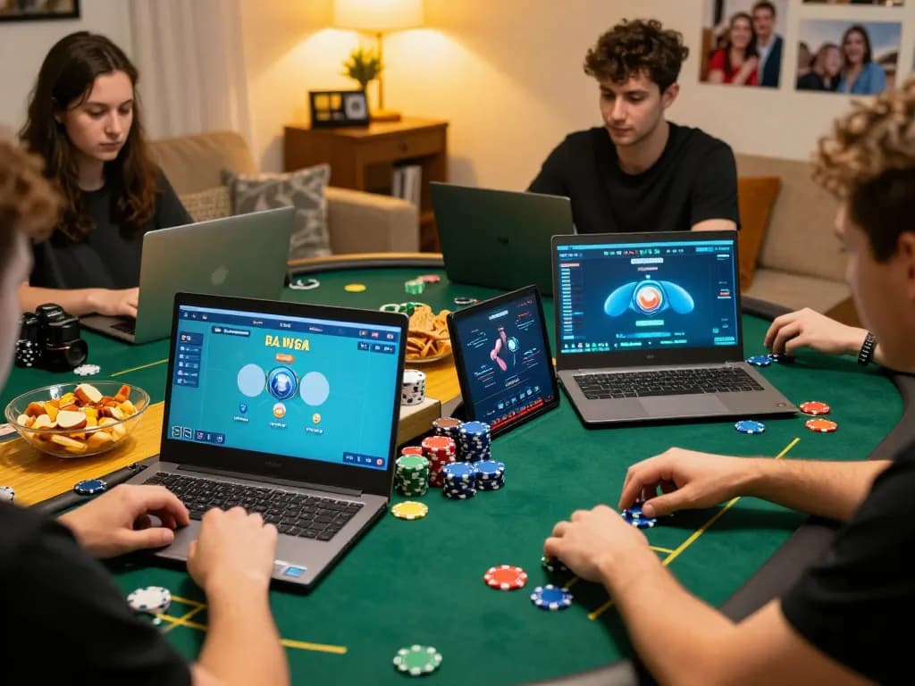 Engaging online poker session at home through https://rr88c.org/, with players placing bets on vibrant screens.