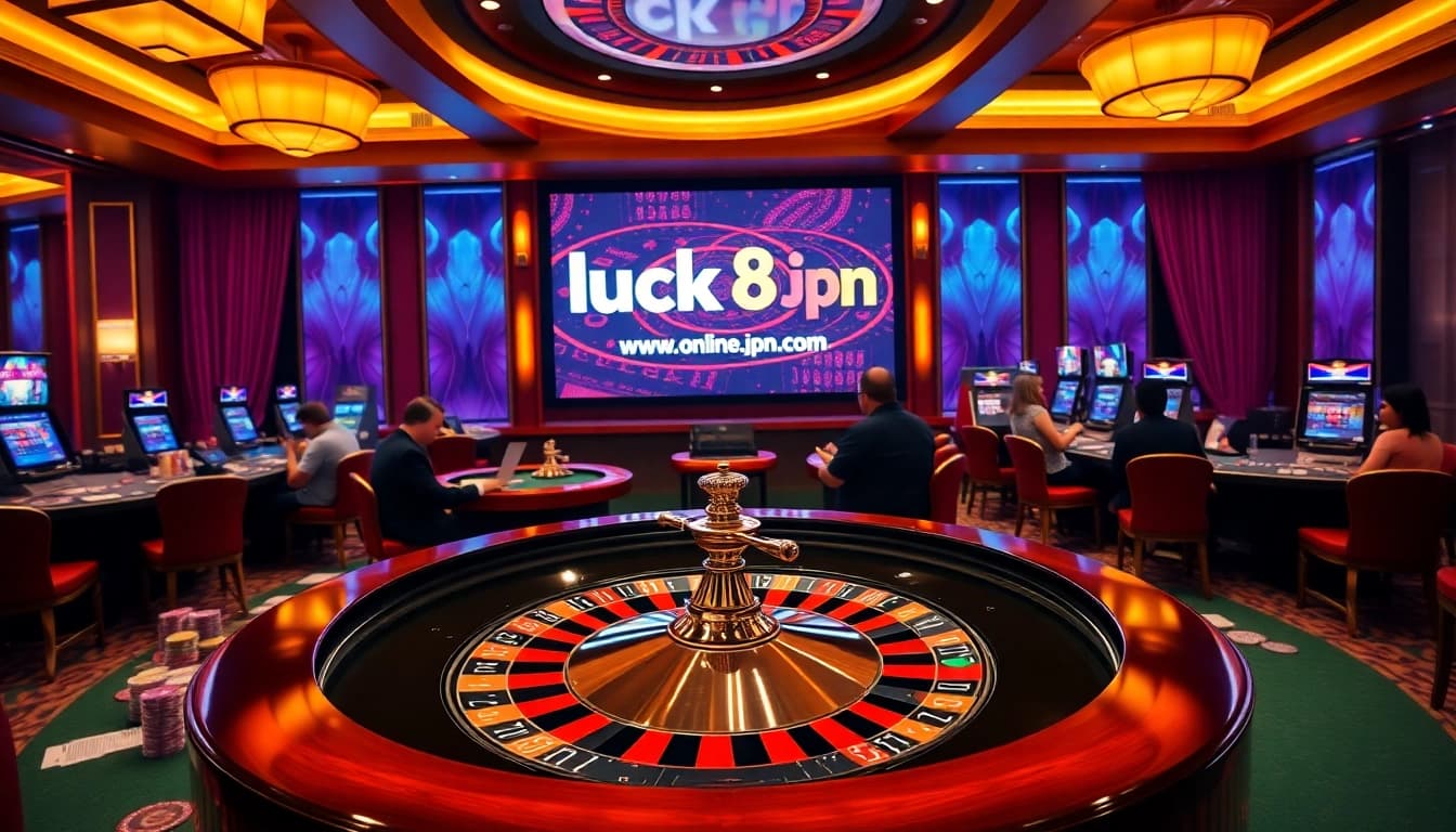 Experience the thrill of luck8.jpn.com with a vibrant casino scene featuring a roulette table.
