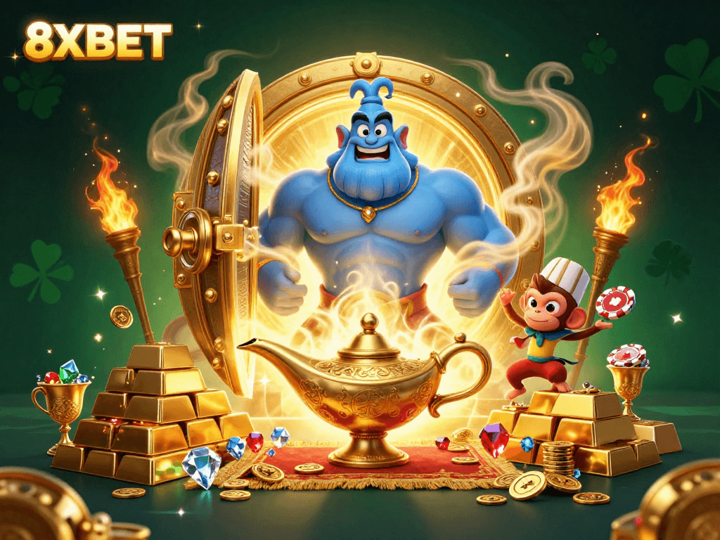 8XBET showcases a vibrant 3D illustration with a genie, monkey, and treasures, igniting excitement for gamblers.