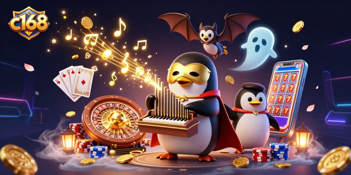 C168 casino adventure featuring a penguin playing a golden organ amidst cascading coins and acrobatics.