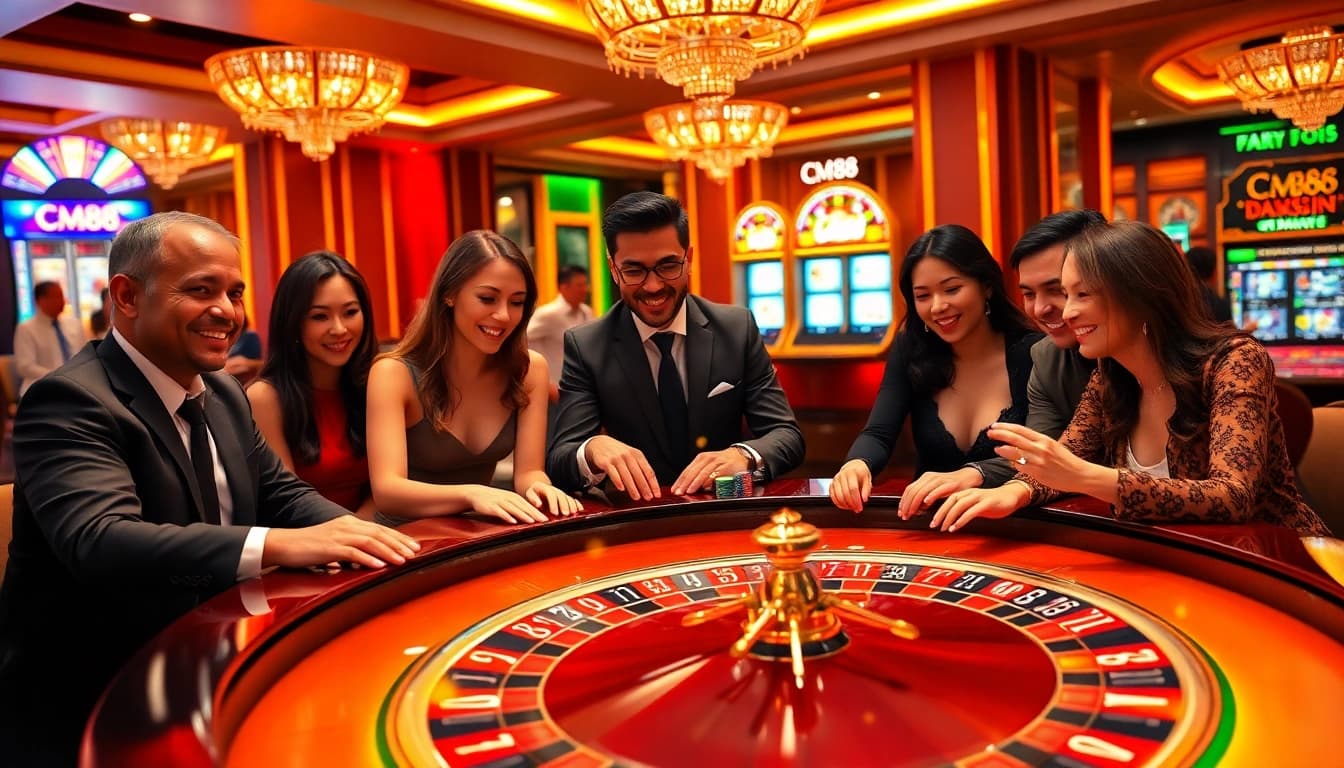 CM88 players enjoying a thrilling casino experience with roulette and poker games.
