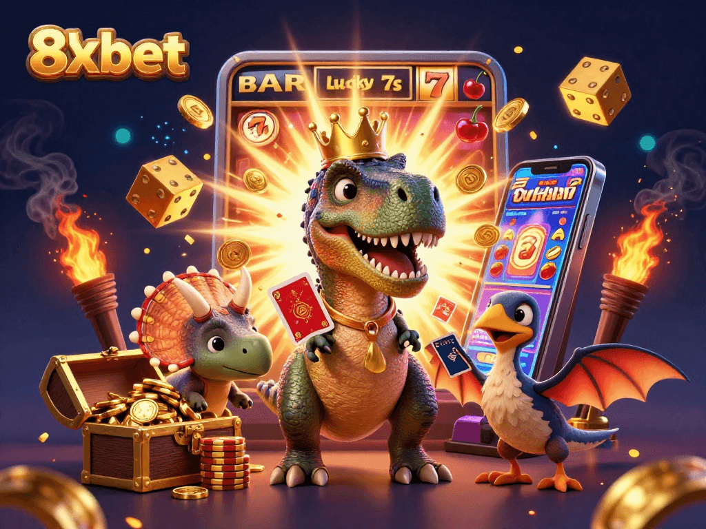 8xbet's exciting 3D cartoon scene showcases a T-Rex shuffling cards with vibrant casino elements, celebrating wins.
