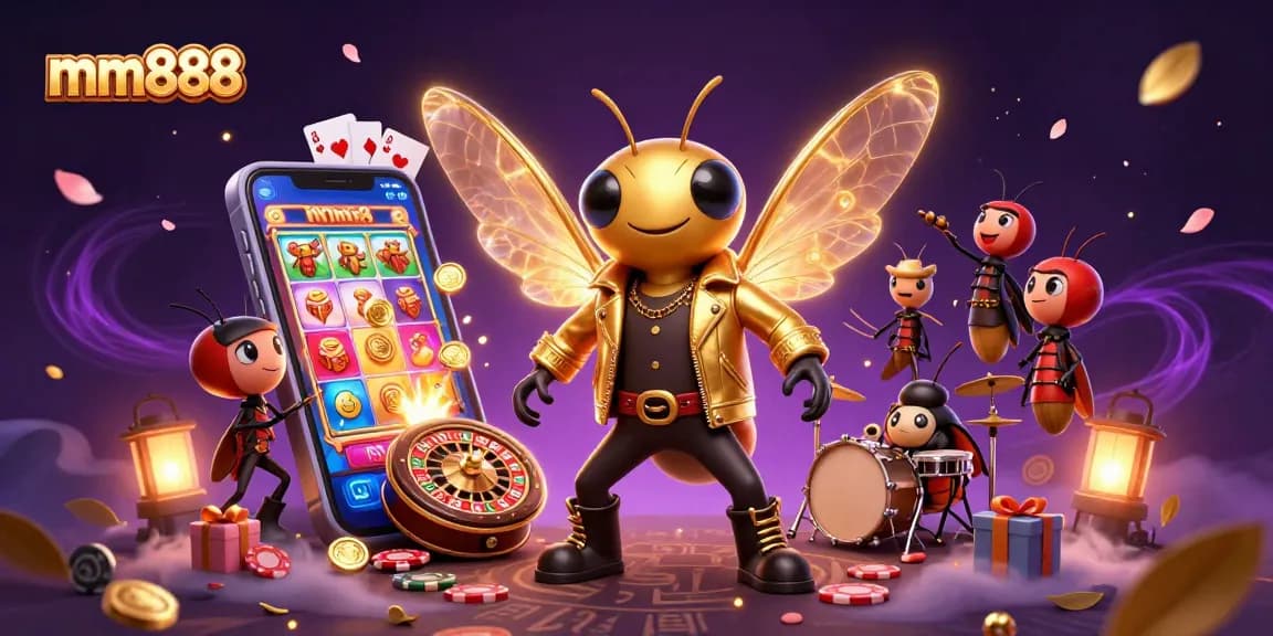 Engage in thrilling slot games at mm888 with vibrant characters and dazzling casino elements.