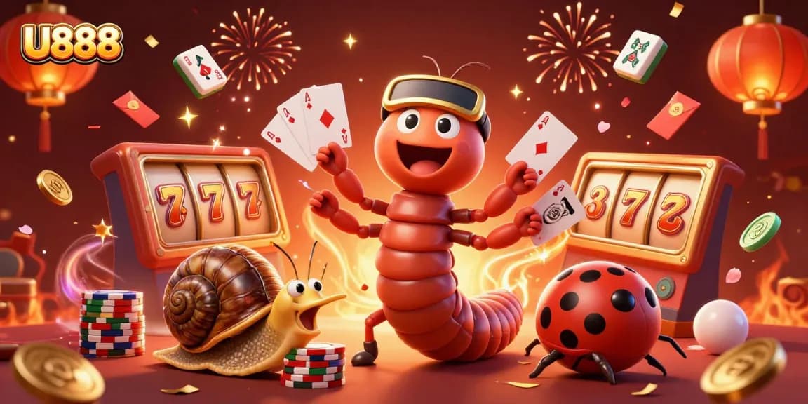 Experience thrilling gaming action with U888's captivating casino scene featuring unique characters and vibrant elements.