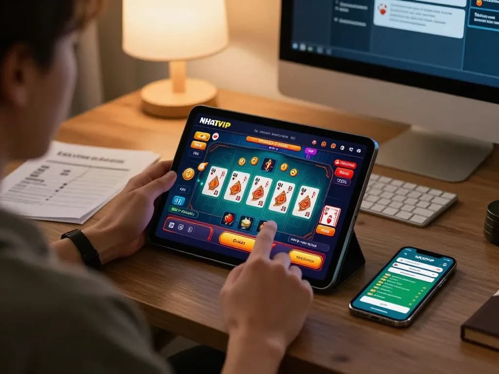 Nhatvip app in action on tablet, showcasing a user engaged in casino gaming strategy, emphasizing responsible play.