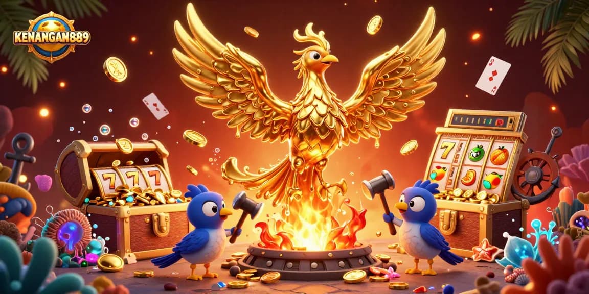 Experience the thrill of KENANGAN889 with vibrant slot elements and a golden phoenix in a rich casino scene.