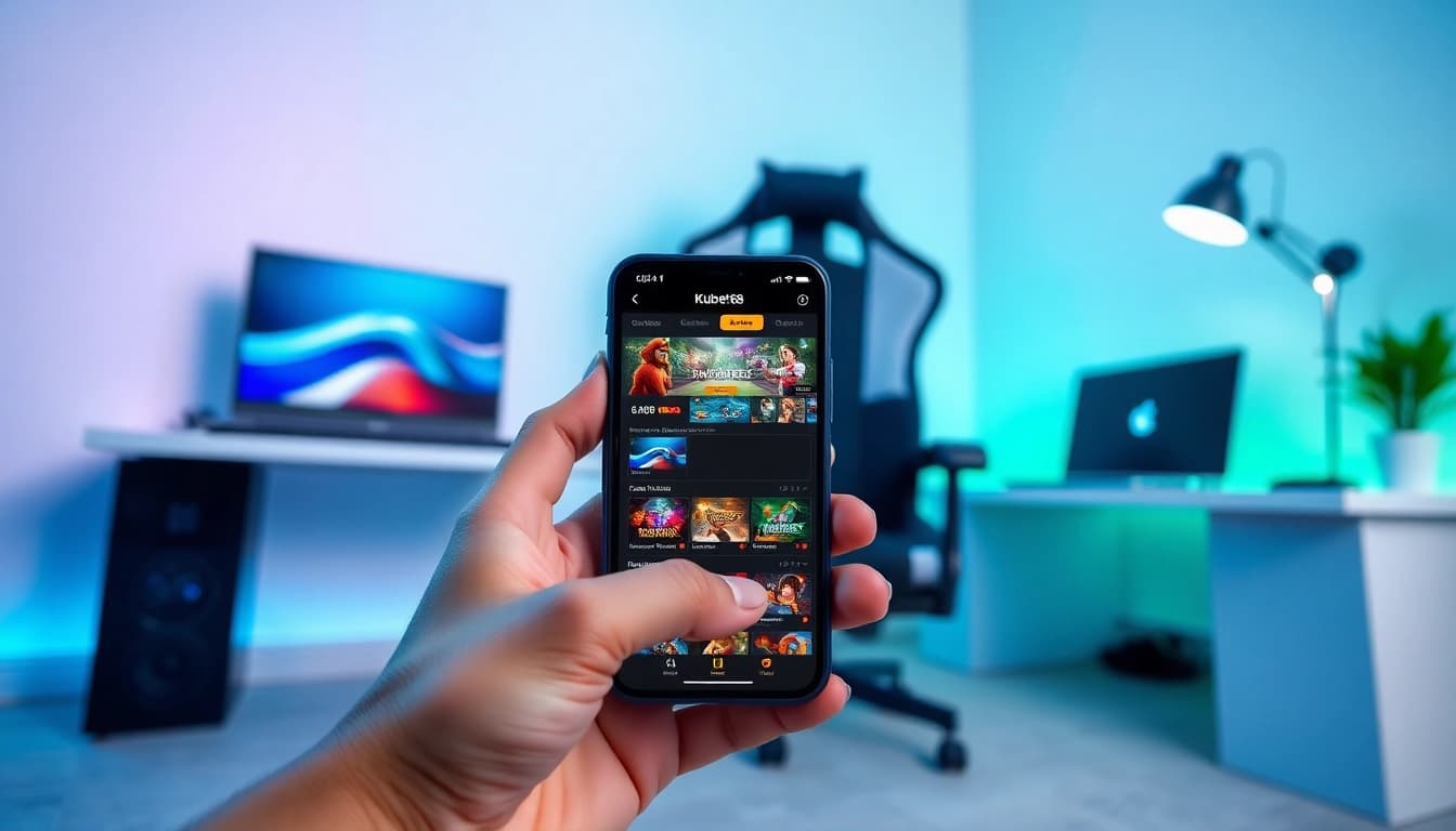 Tải game Kubet88 showcased on a smartphone, emphasizing user-friendly gaming interface in a modern setup.