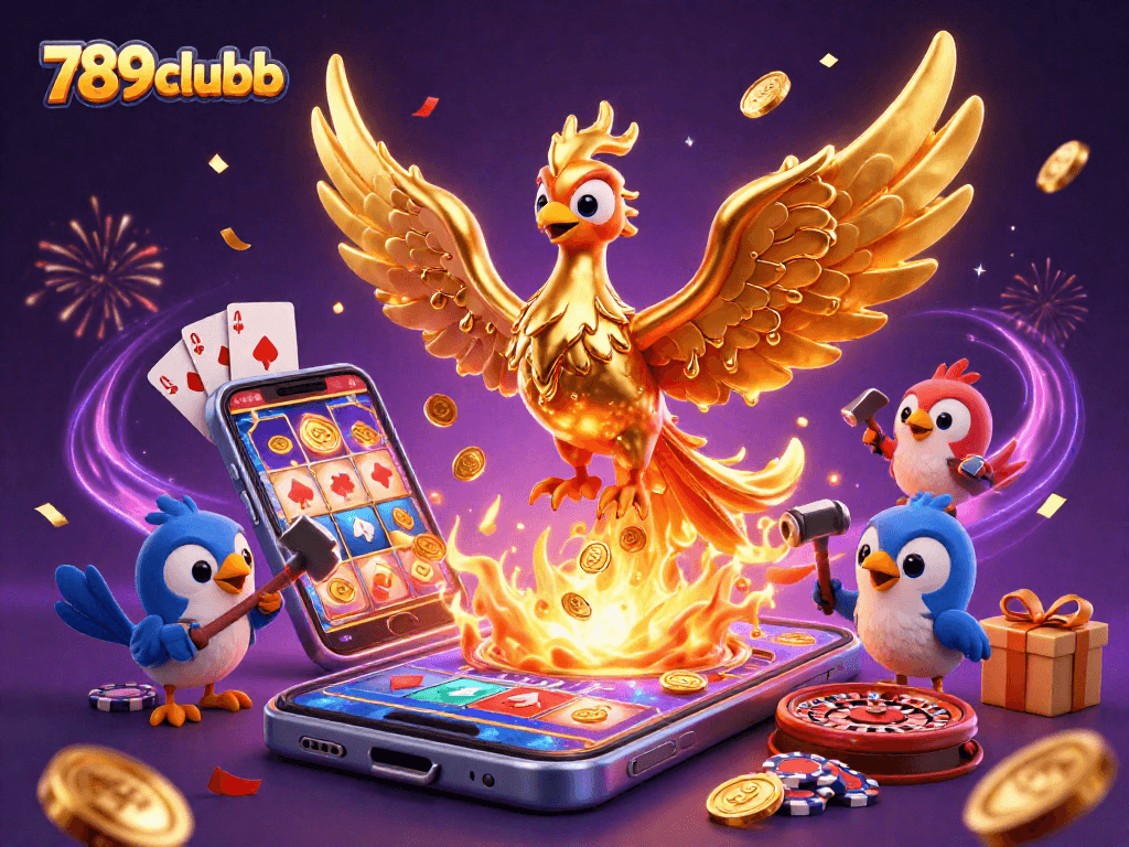 Immerse in the thrill of 789clubb with this striking 3D illustration featuring vibrant casino elements and a golden phoenix.
