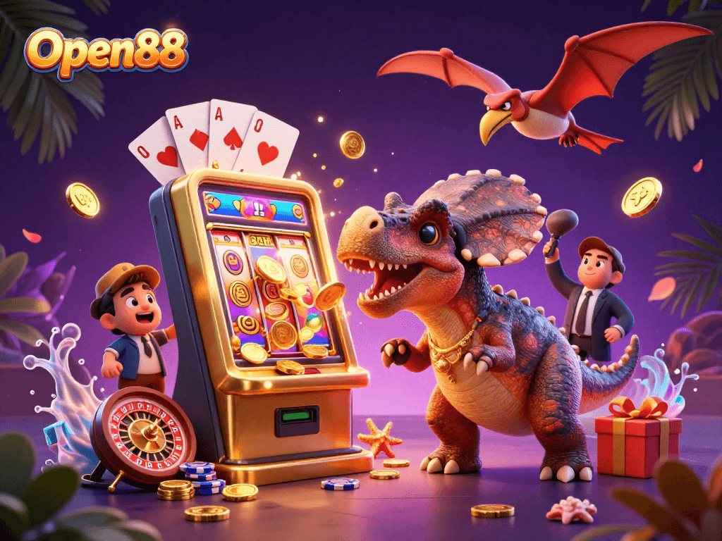 Open88 players enjoy a vibrant casino scene with a dinosaur winning a jackpot while coins fly