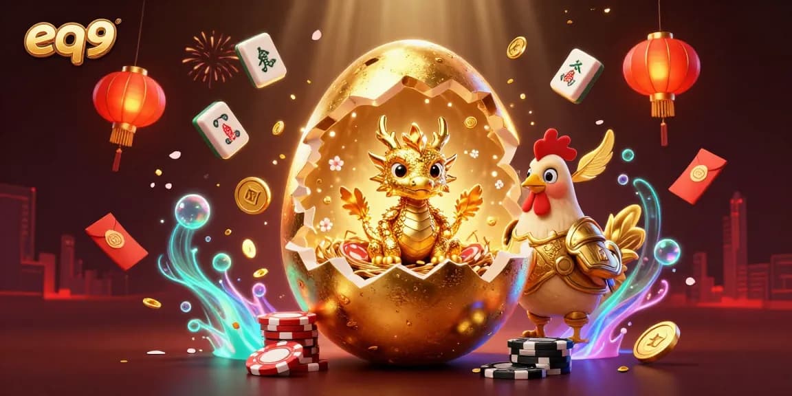 Experience the magic of EQ9 with a golden dragon and poker chips amidst vibrant gaming elements.
