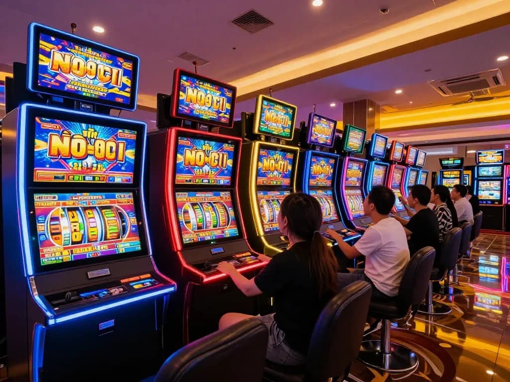Players enjoying nổ hũ at dynamic slot machines in a vibrant casino atmosphere.