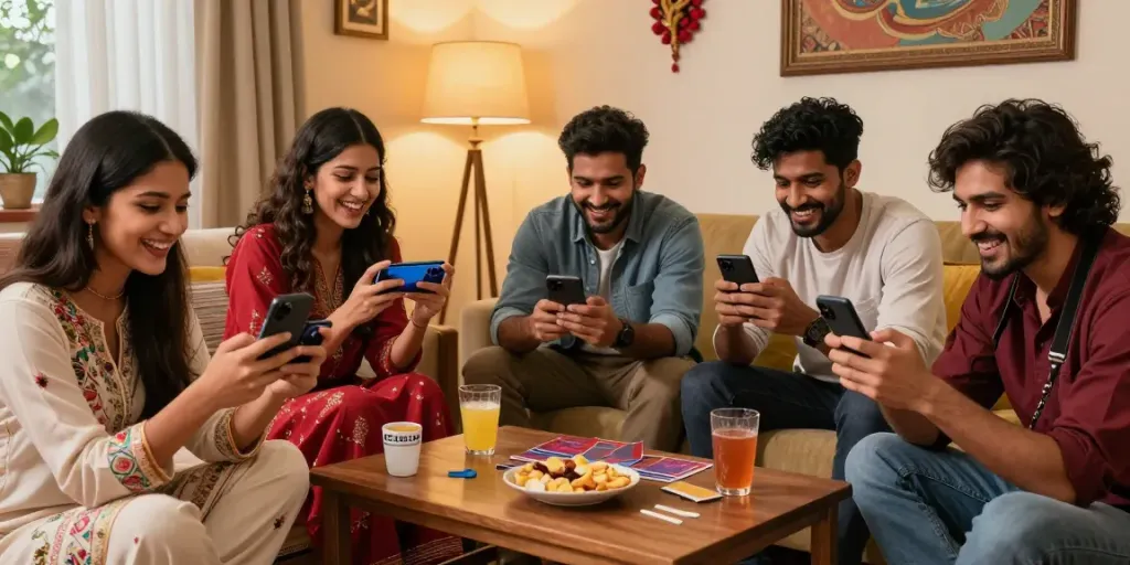 Friends enjoying 3 Patti No1 gameplay on mobile devices in a cozy living room.