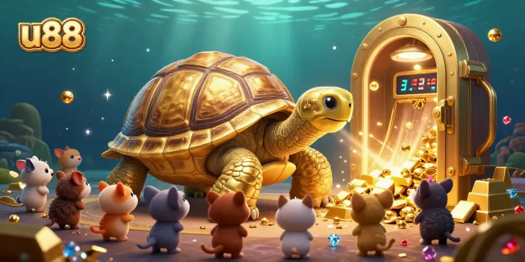Experience the thrill of u88 with a vibrant 3D casino scene featuring a golden tortoise pinball machine and exciting treasures.