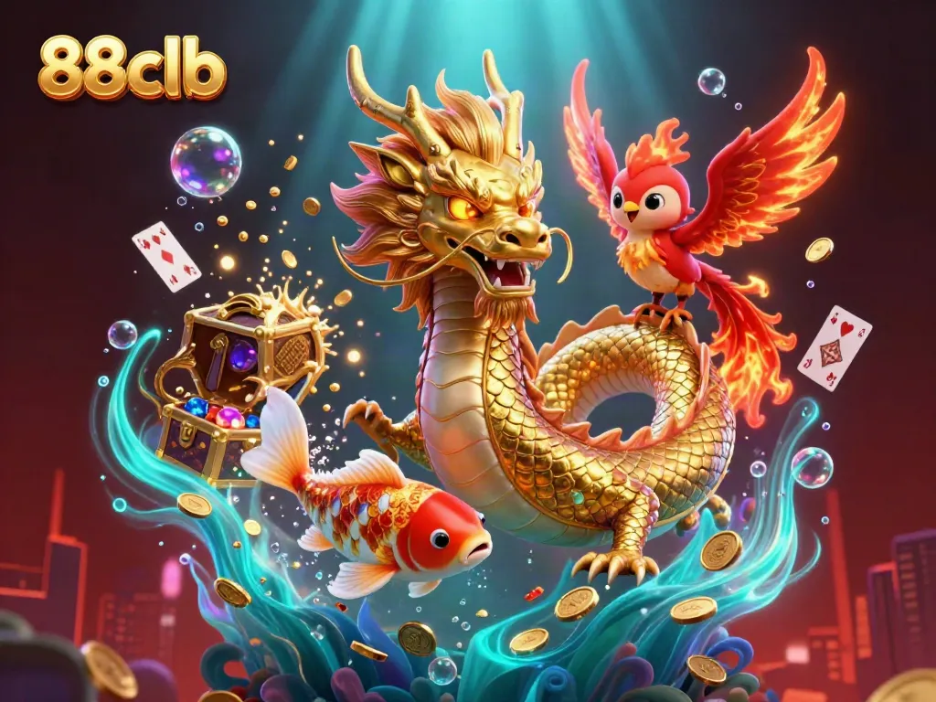 Engage with captivating gambling entertainment at 88clb featuring a golden dragon, phoenix, and koi amidst treasure.