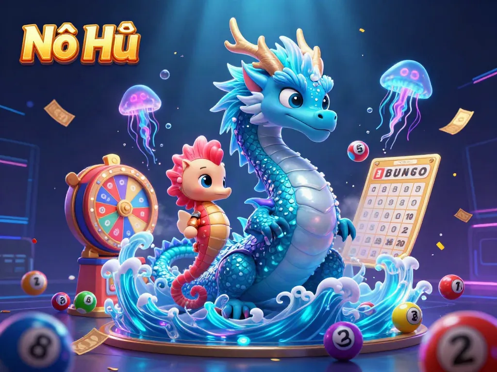 Nổ Hũ showcases an ultra-detailed 3D scene featuring a majestic dragon, seahorse knight, and glowing jellyfish amidst vibrant gaming elements.