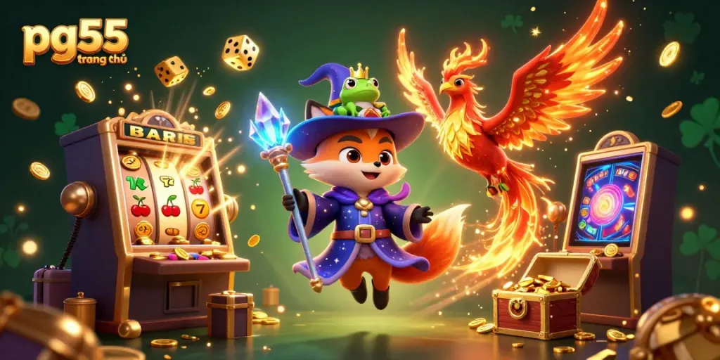 Experience pg55 trang chủ with a magical illustration of a wizard fox and dynamic casino elements.