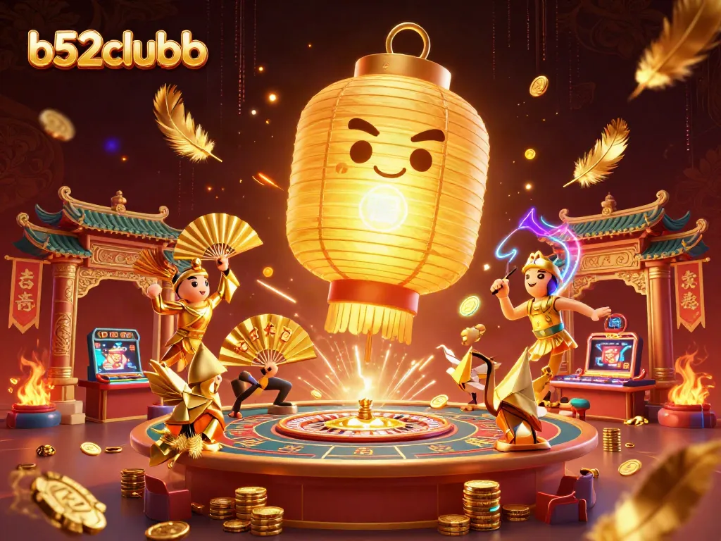 Bidding at b52clubb with vibrant characters and golden casino elements illustrated above a casino scene.