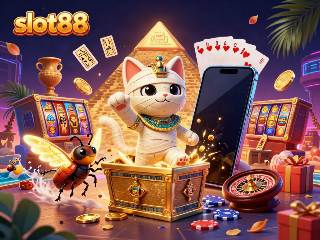 Experience the excitement of slot88 with a dynamic scene featuring a mummy cat, scarab, and slot elements.