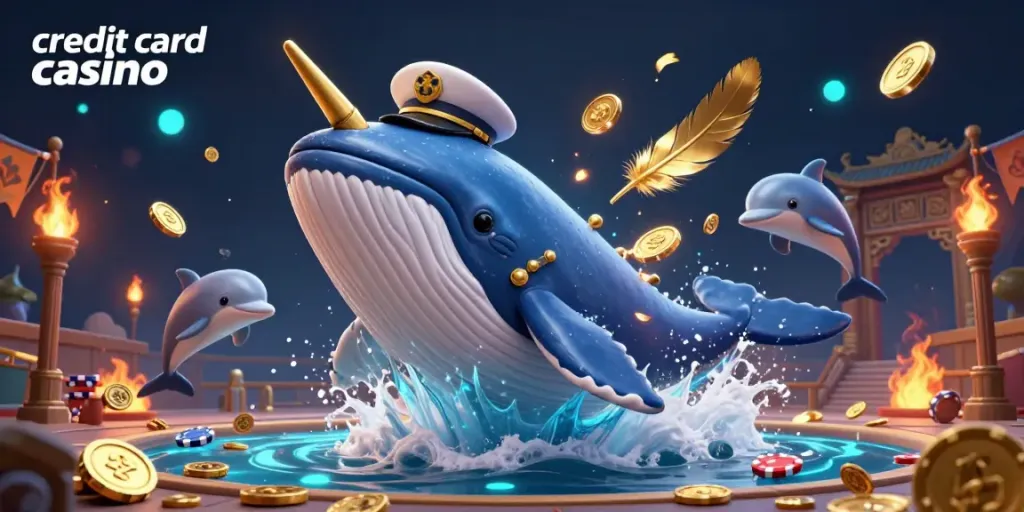 Experience the thrill of a credit card casino with 3D whales, narwhals, and dolphins showcasing lively gaming spirit.