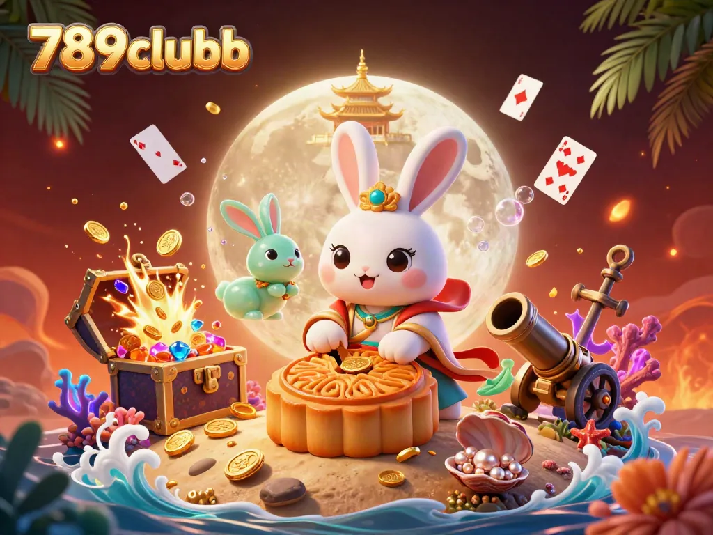 Experience thrilling play at 789clubb as the moon rabbit reveals hidden poker chips amidst vibrant casino elements.