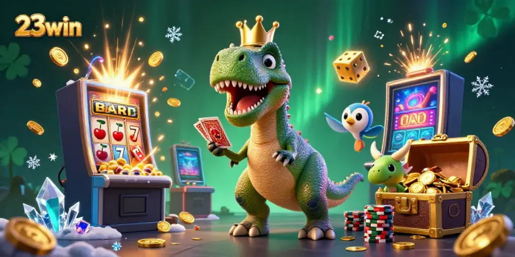 Join the fun at 23win with a T-Rex shuffling cards and winning big at the casino!