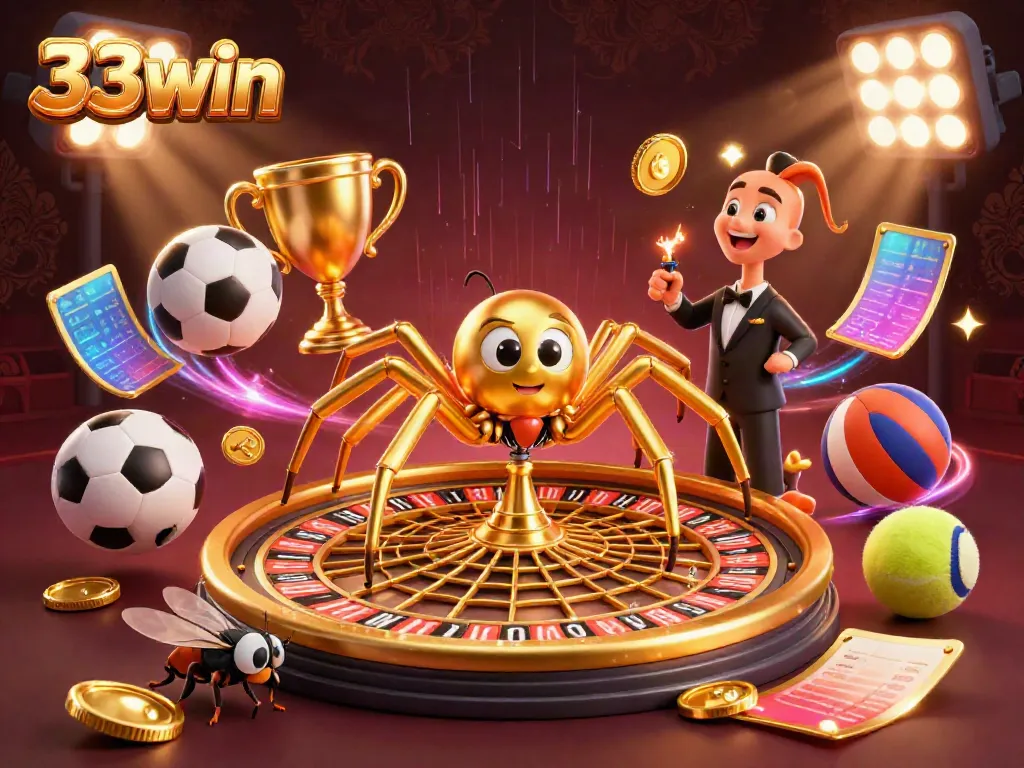 Exciting 33win illustration of a golden spider spinning a roulette wheel web amidst vibrant sports elements.