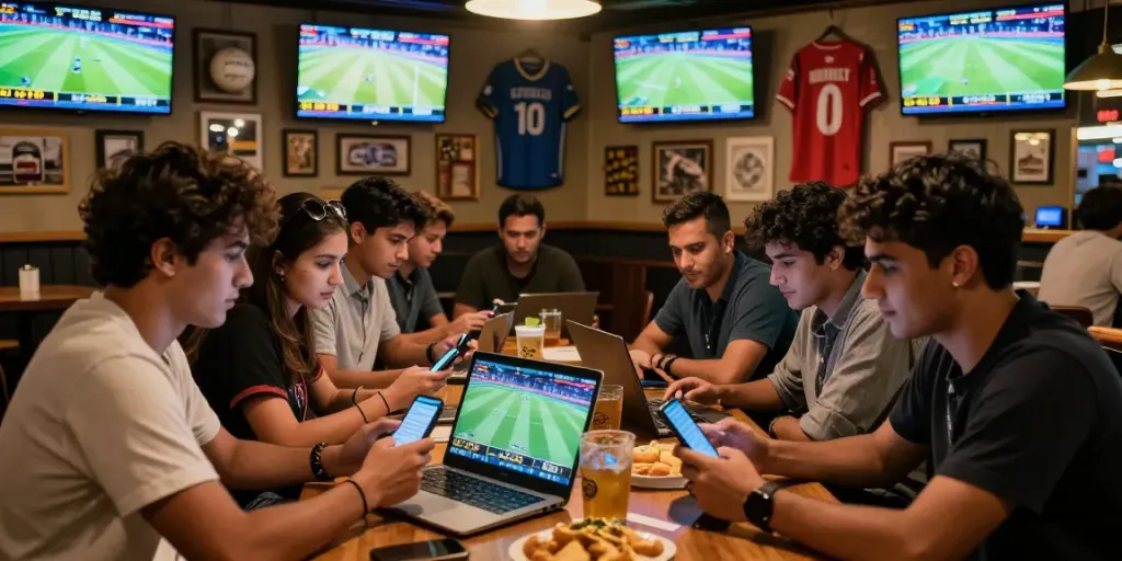 Exciting sports betting scene with friends enjoying cricket and football on lotus365.