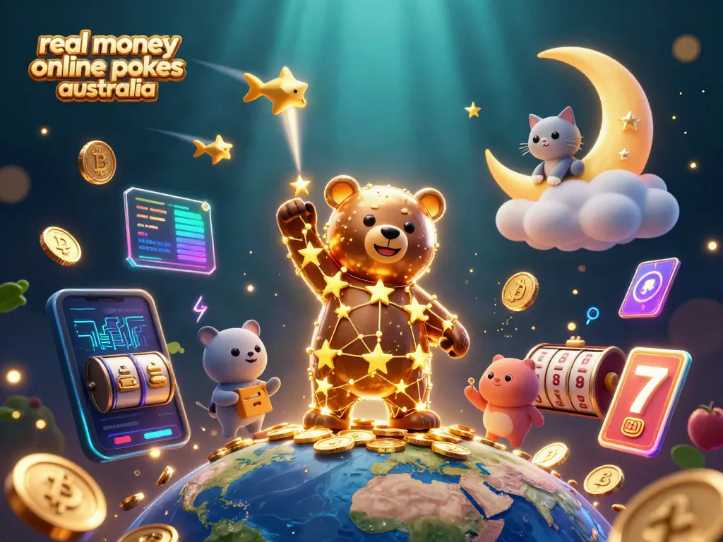 Experience real money online pokies Australia with vibrant 3D illustrations of cosmic elements and gaming symbols.
