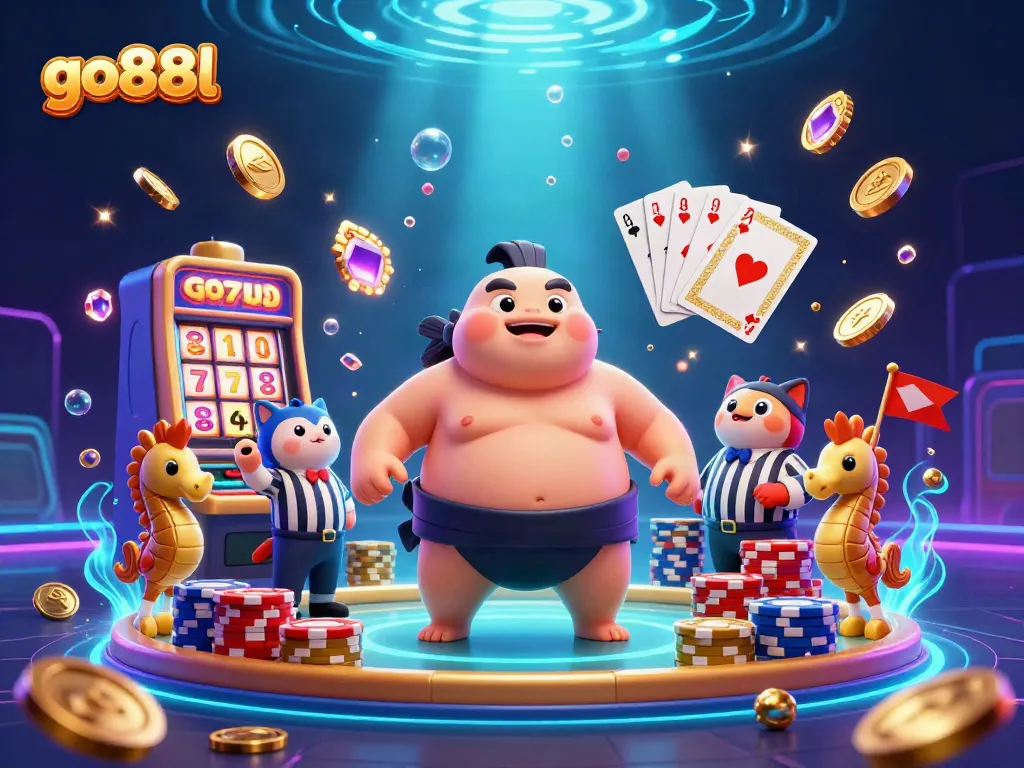 Experience thrilling wins at go88l with a vibrant underwater casino scene full of energetic characters and game elements.