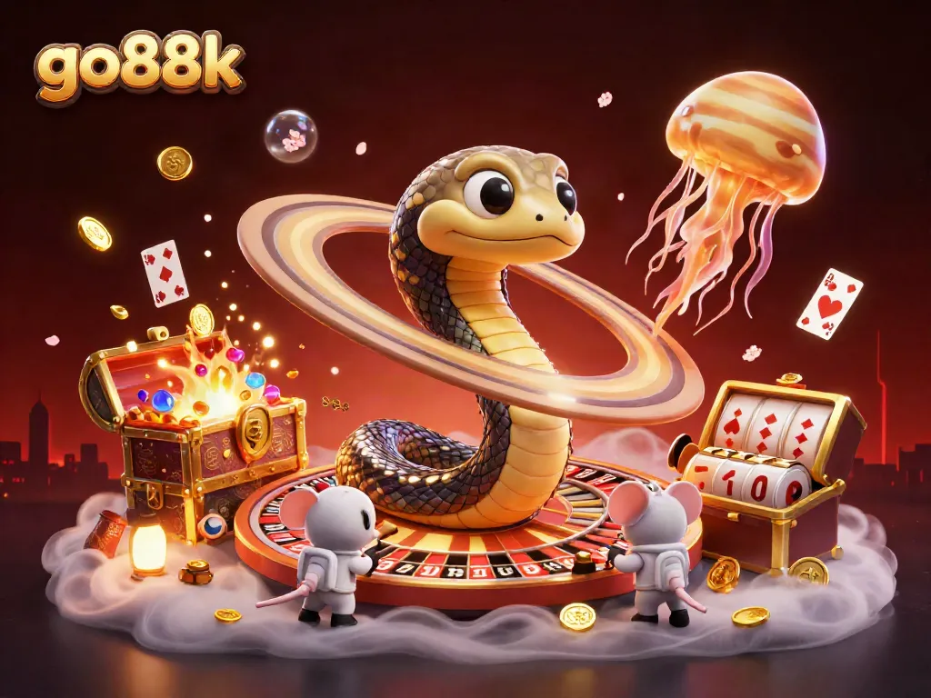 Join the excitement at go88k as astronaut mice bet on a cosmic roulette wheel surrounded by casino treasures.