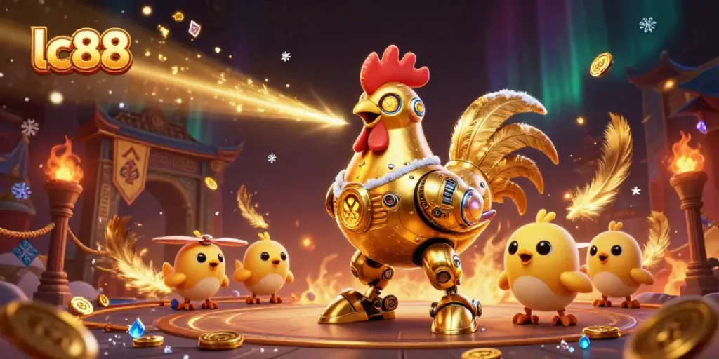 Exciting lc88 gaming experience with golden rooster robot and baby chick drones in a dynamic casino setting.