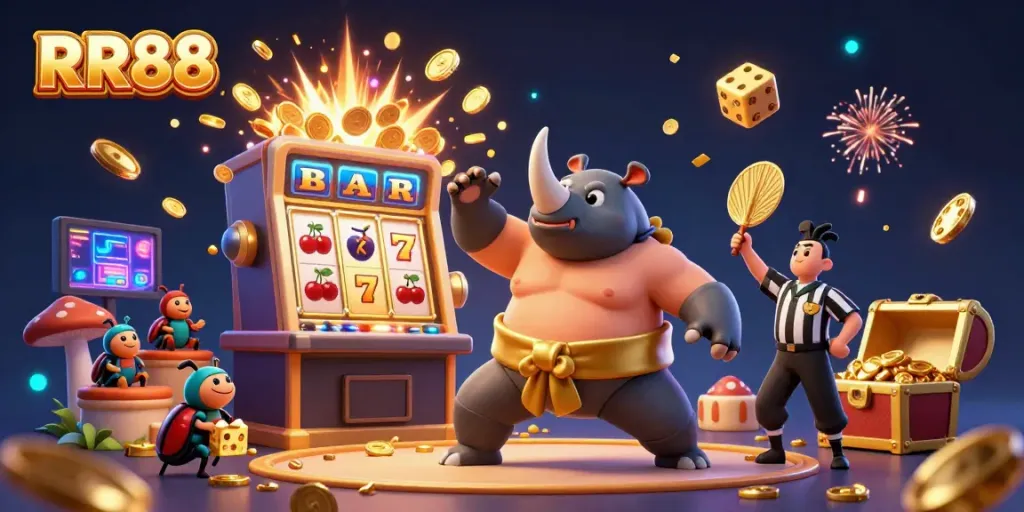 Experience the excitement of RR88 with this vibrant casino scene showcasing a sumo champion beetle and jackpot elements.