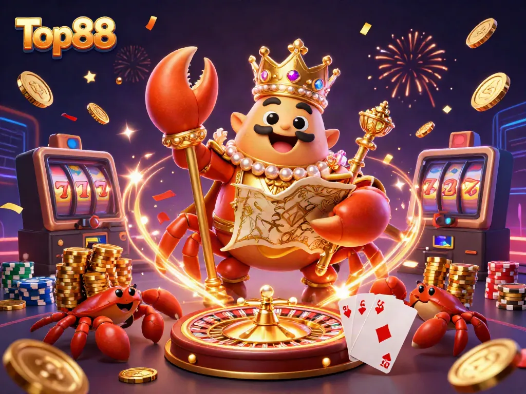 Engage in thrilling casino adventures with Top88, featuring a golden crab emperor and vibrant game elements.