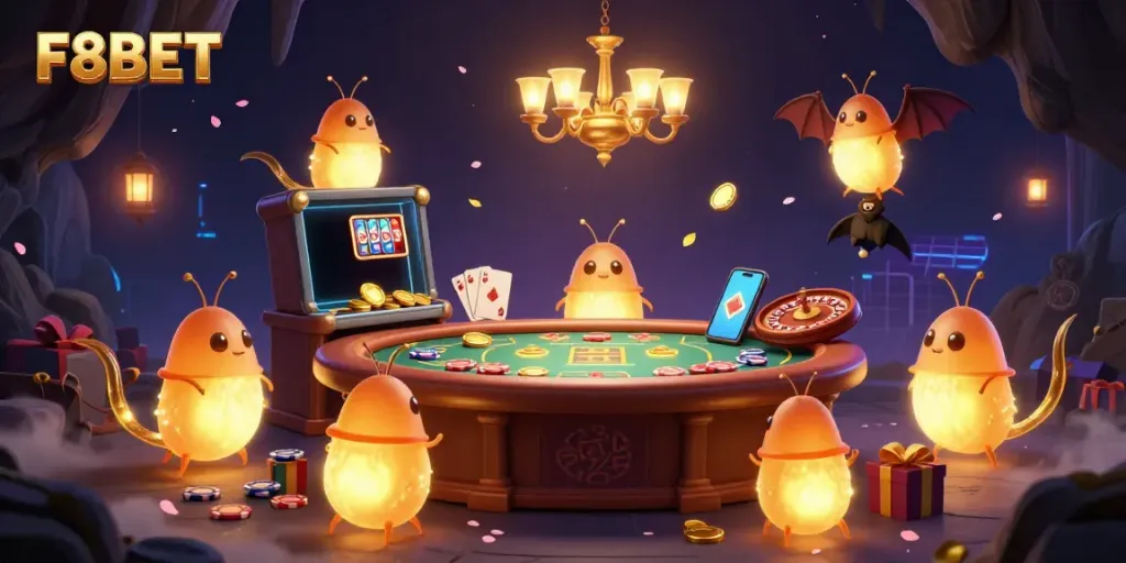 Illuminate your winnings with F8BET in this colorful cave casino illustration featuring lively glowworms and engaging game elements.