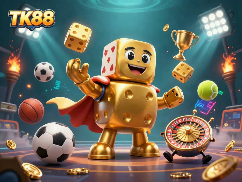 Engage in thrilling gameplay at TK88, featuring golden dice characters amid sports elements.