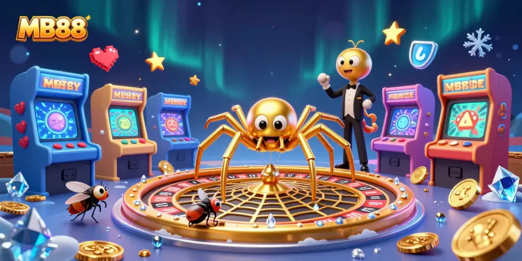 Engage with MB88 at a vibrant online casino featuring a colorful 3D scene with a spider and a fly.