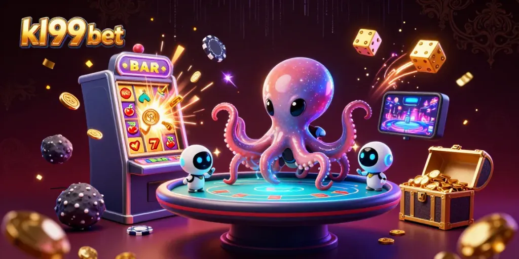 Engage in exhilarating casino action with kl99 bet featuring a cosmic alien octopus at a holographic poker table.