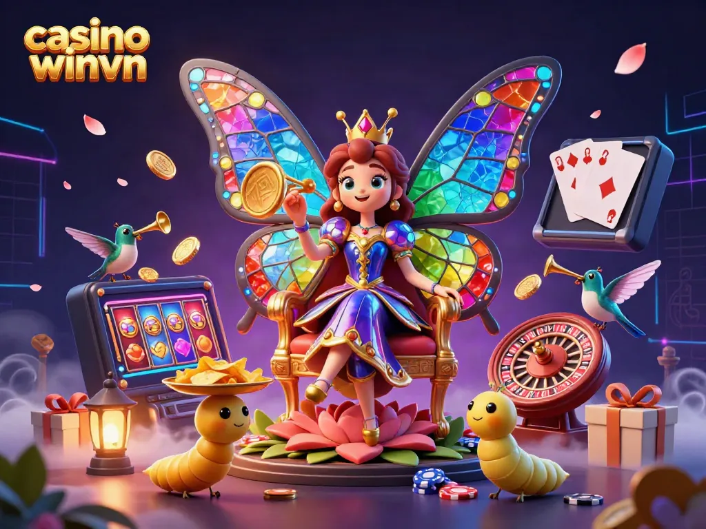 The lively scene showcases exciting gambling fun at casino winvn with vibrant characters and thrilling game elements.