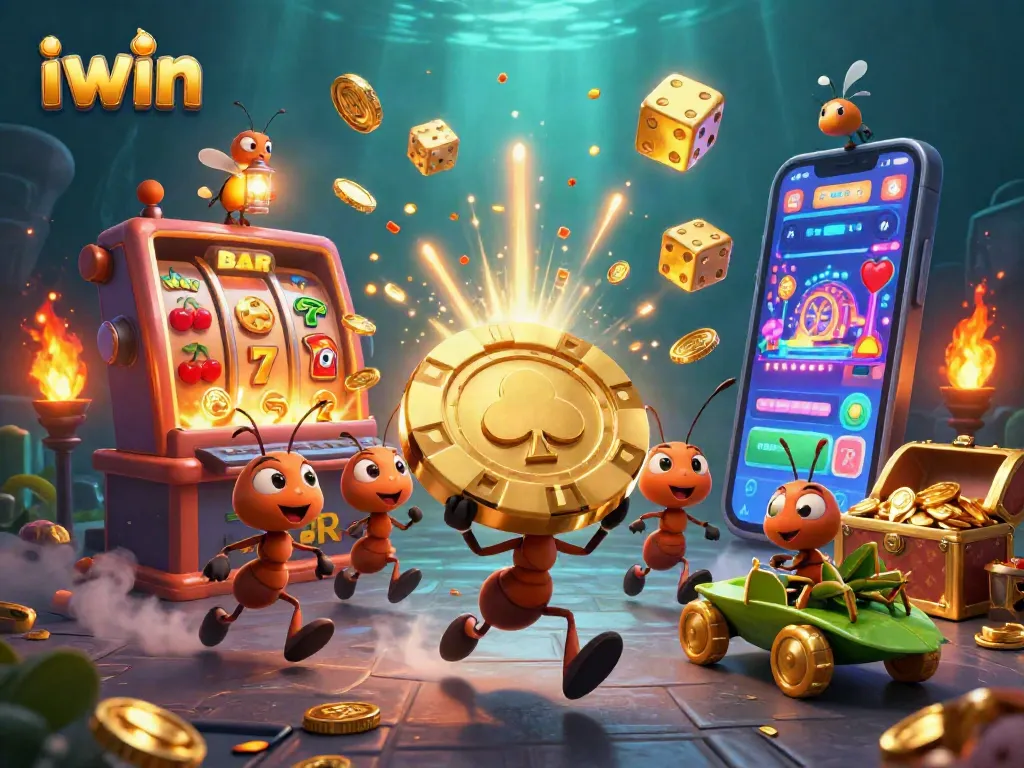 iwin heists its way through a vibrant casino scene with ants and firefly friends.